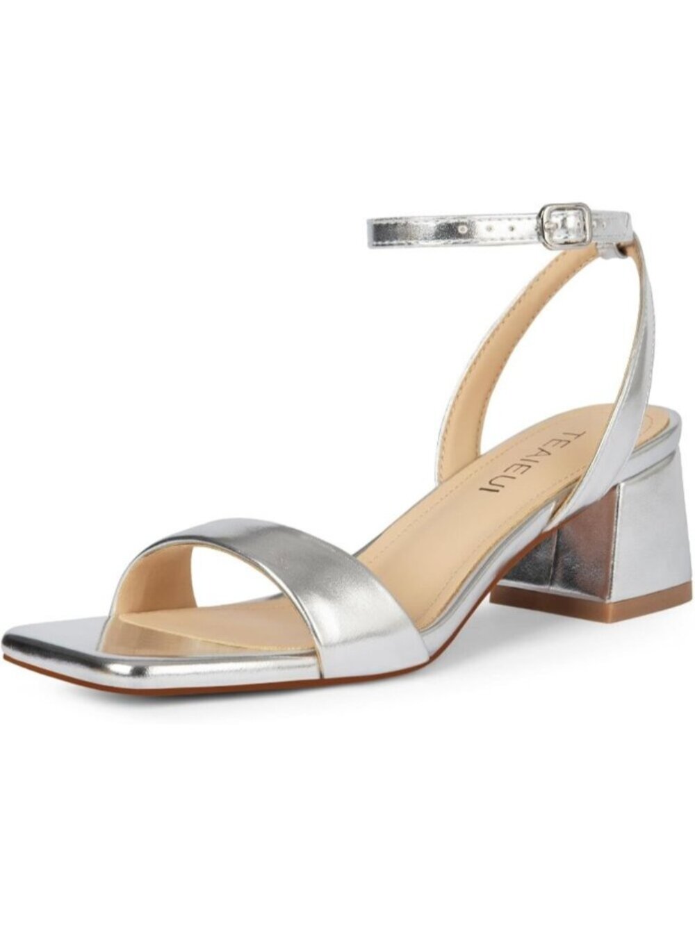 Women's Silve Faux Leather Comfortable Square Open Toe Ankle Strap Heeled Sandal